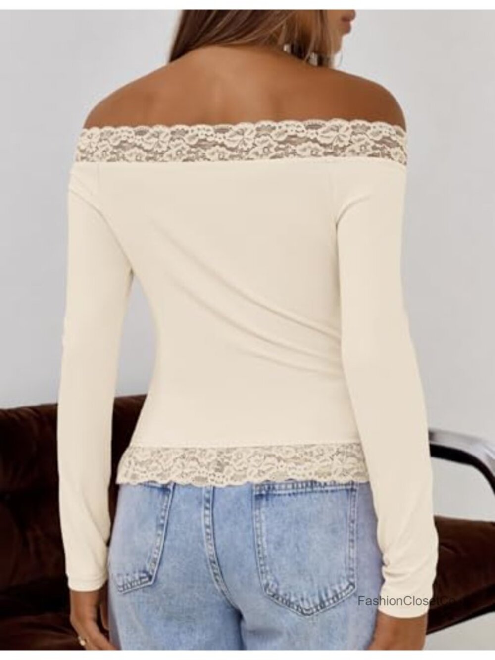Women's Off Shoulder Long Sleeve Lace Crop Top Y2K - Picture 3 of 6